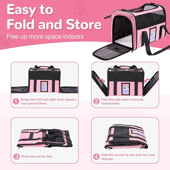 Soft Sided Cat Carrier for Under 18 Pounds, Folable Pet Carrier for Small Medium Cats Dogs, Roomy Dog Travel Carrier, Collapsible Puppy Carrier Bag with Locking Safety Zippers, Pink