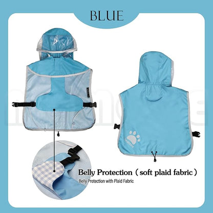 MAMORE Dog Raincoat Hooded Rain Jacket for Small Medium Large Dogs Slicker Poncho Bottom Waterproof Adjustable Reflective Breathable Leash Hole (Blue, Large)