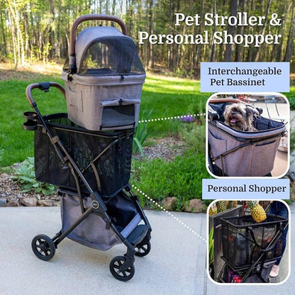 Pet Stroller & Personal Folding Shopping Cart On Premium Wheels – Lightweight Aluminum Frame – Removable Bassinet