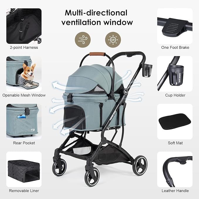 T3 Pet Stroller 3 in 1 Dog Cat Stroller for Small Medium Dogs Cats
