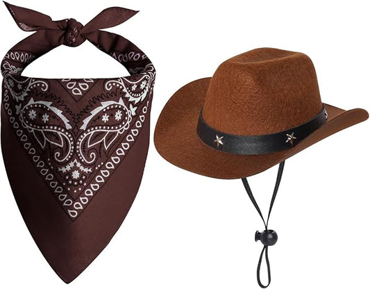 Dog Cowboy Hat with Star Decoration Dog Cowboy Costume for Small Pet Dogs Cat Cowboy Hat with Bandana Scarf Set Party Accessories (Brown, Large)