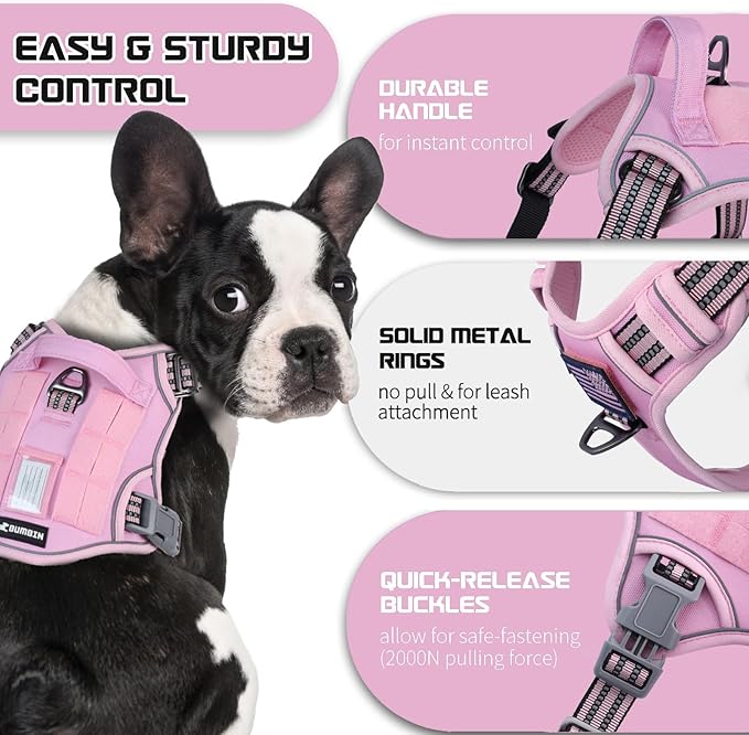 BUMBIN Tactical Dog Harness for Small Dogs No Pull, Famous TIK Tok No Pull Puppy Harness, Fit Smart Reflective Pet Walking Harness for Training, Adjustable Dog Vest Harness with Handle Pink S