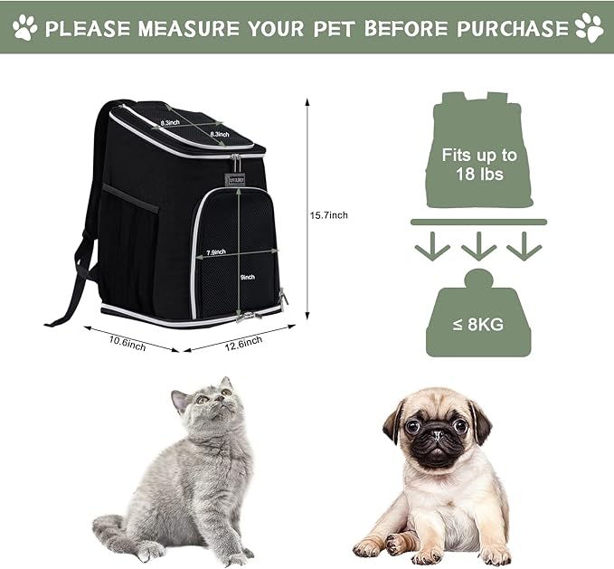 BAGLHER Cat Backpack Carrier,Mesh Pet Cat Carrier for Medium Small Dog Cat Puppy Kitten Bunny up to 18lbs,Dog Travel Backpack for Picnic Hiking Walking Cycling,Black