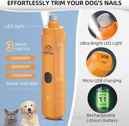 Dog Nail Grinder with 2 LED Light,3-Speed Rechargeable Dog Nail Trimmer, Upgraded Powerful Electric Dog Toe Nail File Quiet Painless, Paws Grooming for Small Medium Large Dogs -Orange