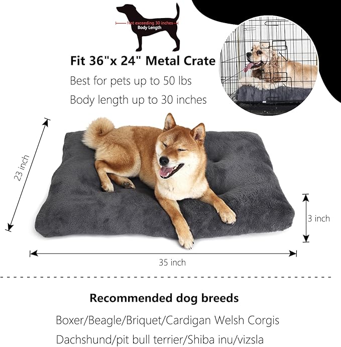 36 inch Dog Crate Bed for Large Sized Dog Washable,Extra Soft Dog Kennel Pad for 36 x 24 Crates or Cage with Anti-Slip Bottom,Deluxe Faux Fur Dog Sleeping Mat Helps Ease Pet Anxiety,Dark Grey