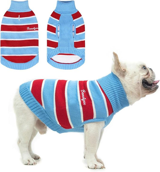 BEAUTYZOO Small Dog Sweater- Striped Pet Sweaters for Spring Summer Dog Clothes, Turtleneck Pullover Knitwear for Small Medium Large Dogs, Warm Coat Easter Outfit for Chihuahua Puppy Cat Boys Girls