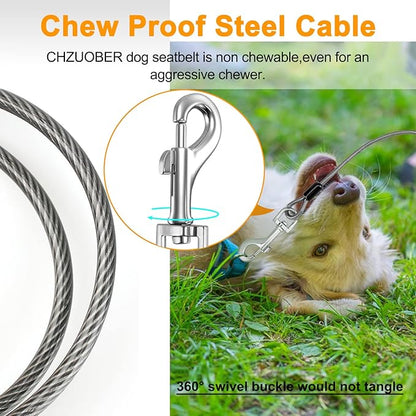 Chew Proof Dog Car Seat Belt, 2 in 1 Steel Cable Dog Car Accessories Headrest Restraint Dog Seat Belt for Medium Large Dogs Chewer Heavy Duty Dog Seatbelt for Cars Swivel Attach