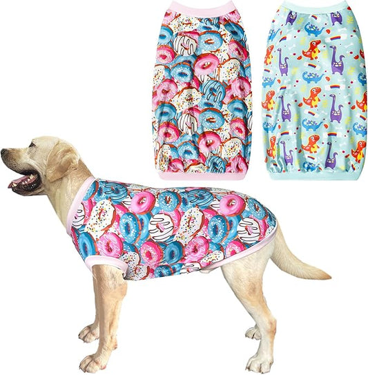 2 Pack Dinosaur+Colorful Doughnut Cute Prints Dog Vest T-Shirt for Large Dog (3XL,DinosaurDoughnut)