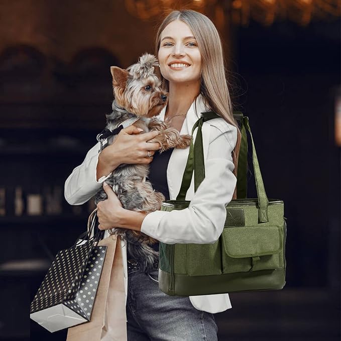 Cat Carrier, Dog Carrier, Pet Carrier, Foldable Waterproof Premium PU Leather Oxford Cloth Dog Purse, Portable Bag Carrier for Small to Medium Cat and Small Dog-Green