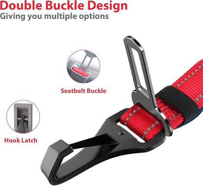 IOKHEIRA Dog Seatbelt, Updated Dog Seat Belt, Reflective Bungee Dog Car Harness, Multifunctional Pet Safety Belt with Hook Latch & Seatbelt Buckle, Swivel Aluminum Carabiner, Red