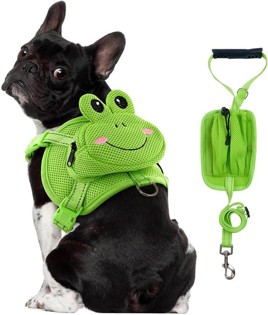 Dog Backpack Harness, Cute Dog Harness with Leash, Dog Harness with Backpack, No Pull Dog Saddle Bag Puppy Vest, Mesh Frog Self Bag with D-Ring, Dog Hiking Backpack for Small Medium Dogs S