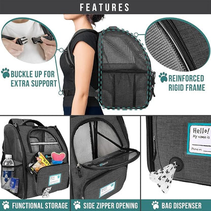 PetAmi Dog Cat Backpack Carrier, Expandable Pet Carrier Backpack for Travel Hiking, Small Medium Dog Puppy Large Cat Carrying Backpack, Airline Approved Ventilated Soft Back Support, 18 lbs, Dark Gray