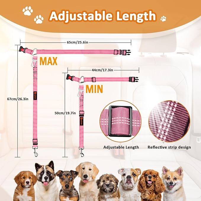 Removable Dog Seat Belts Harness for Car, 3 in 1 Pet Dog Car Seatbelt Leash, laqibak Restraint Secures to Headrest and Reflective Effect Adjustable Bungee Dog Seatbelt Tether, 2PCS and Poop Bag Holder