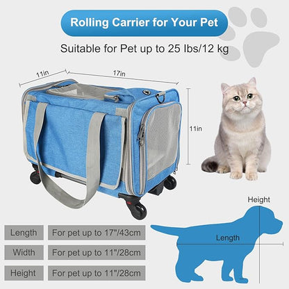 Airline Approved Expandable Premium Pet Carrier on Wheels, Designed for Dogs & Cats for Up to 25 LBS(Upgrade Material-Sponge Filling) with Telescoping Handle for Walking Travel Vet Visits