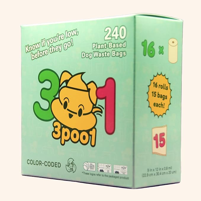 Color-Coded Dog Poop Bags 240 bags (16 rolls)
