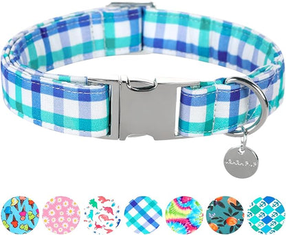 Blue Plaid Summer Cotton Dog Collar with Metal
