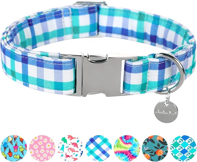 Blue Plaid Summer Cotton Dog Collar with Metal