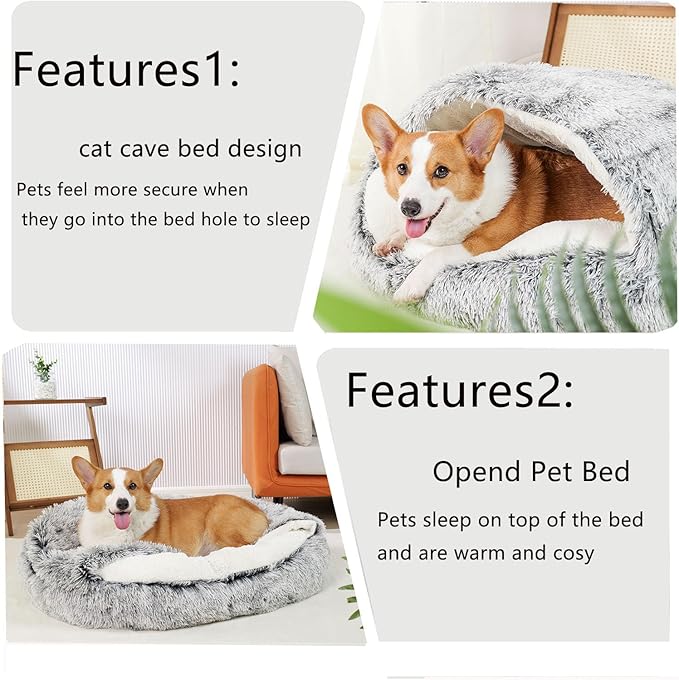 Calming Dog Beds & Cat Cave Bed with Hooded Cover，Washable Round Beds for Small Medium Pets，Cozy for Indoor Cats or Small Dog beds to25 Medium 23.6, Grey