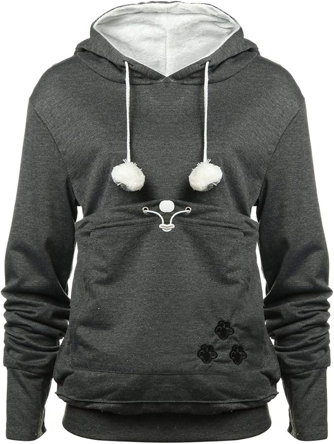 jessie Womens Pouch Hoodie Big Kangaroo Little Pet Dog Cat Carrier Sweatshirts (Dark Grey