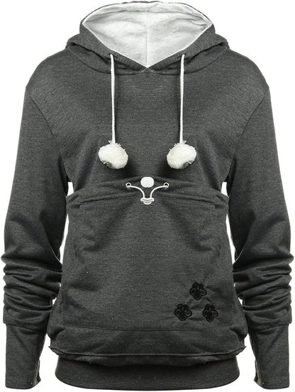 jessie Womens Pouch Hoodie Big Kangaroo Little Pet Dog Cat Carrier Sweatshirts (Dark Grey