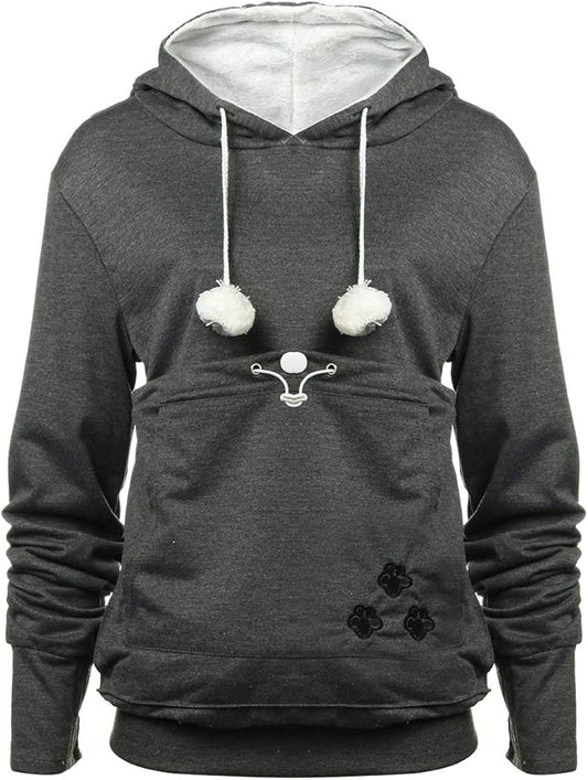 jessie Womens Pouch Hoodie Big Kangaroo Little Pet Dog Cat Carrier Sweatshirts (Dark Grey