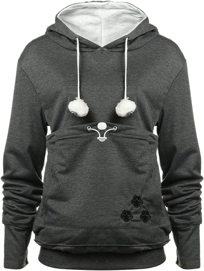 jessie Womens Pouch Hoodie Big Kangaroo Little Pet Dog Cat Carrier Sweatshirts (Dark Grey