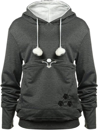 jessie Womens Pouch Hoodie Big Kangaroo Little Pet Dog Cat Carrier Sweatshirts (Dark Grey