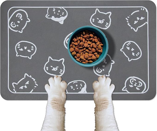 YCT Cat Food Mat for Pet Dog Food Mat, Cat Mat for Food and Water, Cat Feeding Mat Pet Dog Cat Bowl Mat, Non-Slip Super Absorbent, with Multiple cat Heads Logo，24 x 16.9 inches, Dark Grey