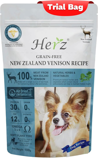 Herz Air-Dried Dog Food – New Zealand Venison Recipe, Single Pure-Meat, Grain Free, All Natural, High Protein, Limited Ingredients 3.5 oz Trial Bag