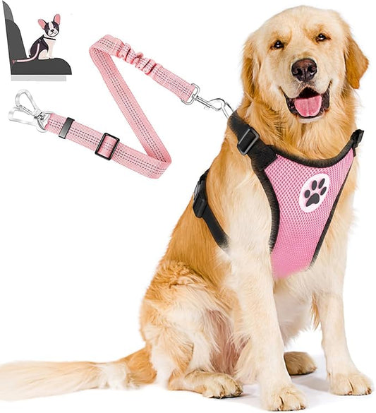 Lukovee Dog Seat Belt for Car, Adjustable Dog Car Harness for Large Medium Small Dogs, Soft Padded & Breathable Mesh Dog Seatbelt with Car Strap and Carabiner(Pink Double Clip,Large)