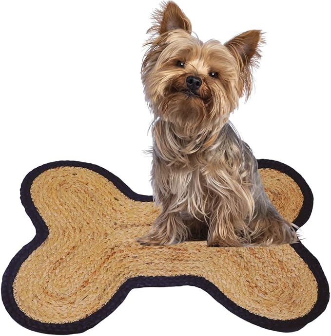 Dog Cat Bowl Mat for Food and Water Handmade Braided Jute Bone Shaped Dog Feeding Mat Cat Food Mat for Floors Black Natural Food Rug 16.5x21 inches Gift for Pet Owner (Bordered Bone, Black)