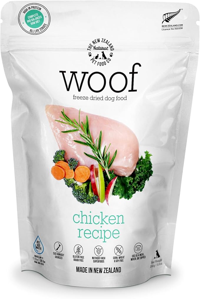 WOOF Freeze Dried Dog Food - Chicken Recipe, High Protein Dog Treats & Snacks, Dog Food Toppers & Meals, 9.9 oz