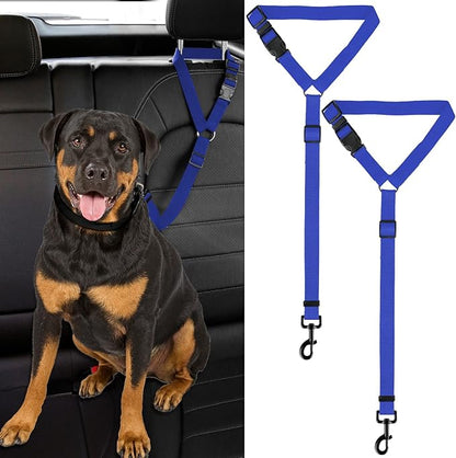 2 Packs Dog Cat Safety Seat Belt Strap Car Headrest Restraint Adjustable Nylon Fabric Dog Restraints Vehicle Seatbelts Harness (Blue)