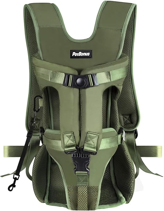 PetBonus Pet Front Dog Carrier Backpacks, Adjustable Backpack Legs Out Easy-fit Chest Carrier for Medium Small Dogs, Hands Free Dog Front Carrier for Hiking, Cycling (Army Green, S)