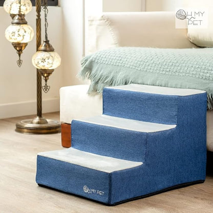 3-Step Pet Stairs for Small Dogs and Cats, Portable Ramp Stairs for Couch, Sofa, High Bed Climbing, Non-Slip Balanced Step Support, Paw Safe, Easy to Assemble (Dark Blue & Light Gray)