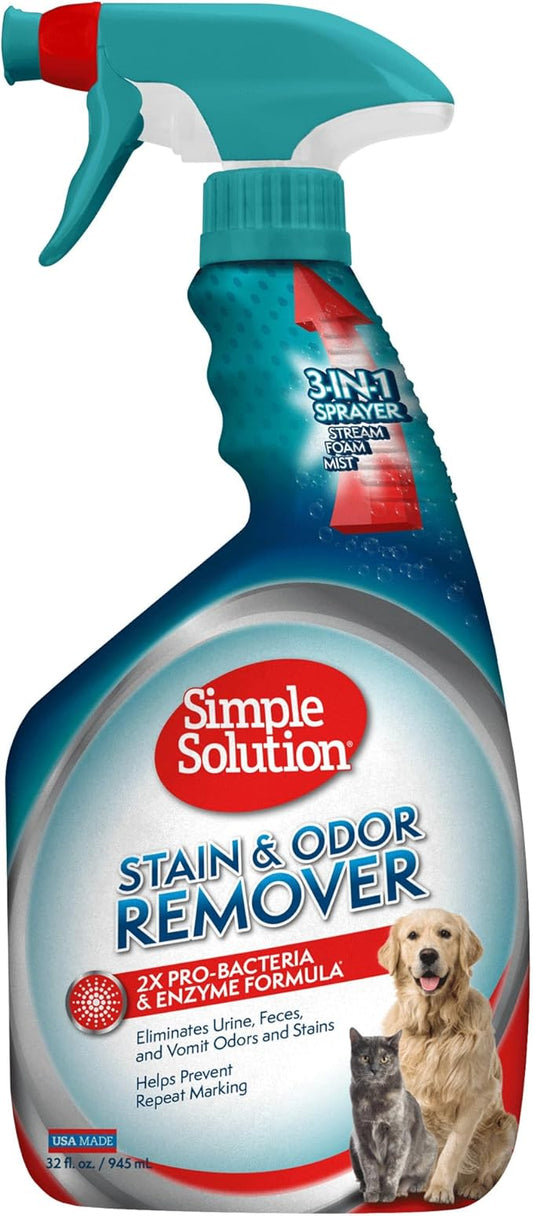 Simple Solution Stain and Odor Eliminator Spray for Dogs & Cats, Enzyme Cleaner With 2X Pro-Bacteria Cleaning Power, Strong Smell Remover for Carpets, Upholstery & Floors, 32 oz