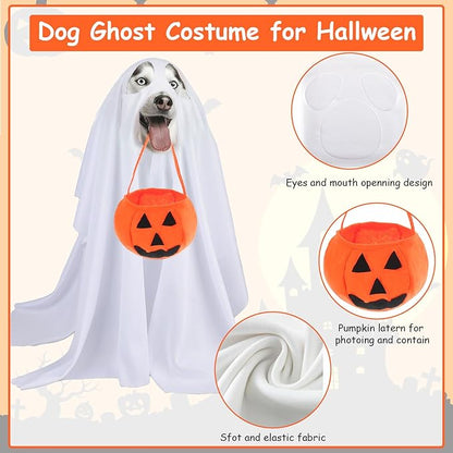 Dog Halloween Costumes - Dog Ghost Costume with Felt Pumpkin Trick or Treat Bucket, Medium Large Dog Halloween Costumes (55Pounds), Funny and Cute Dog Costumes Clothes for Halloween Cosplay Party