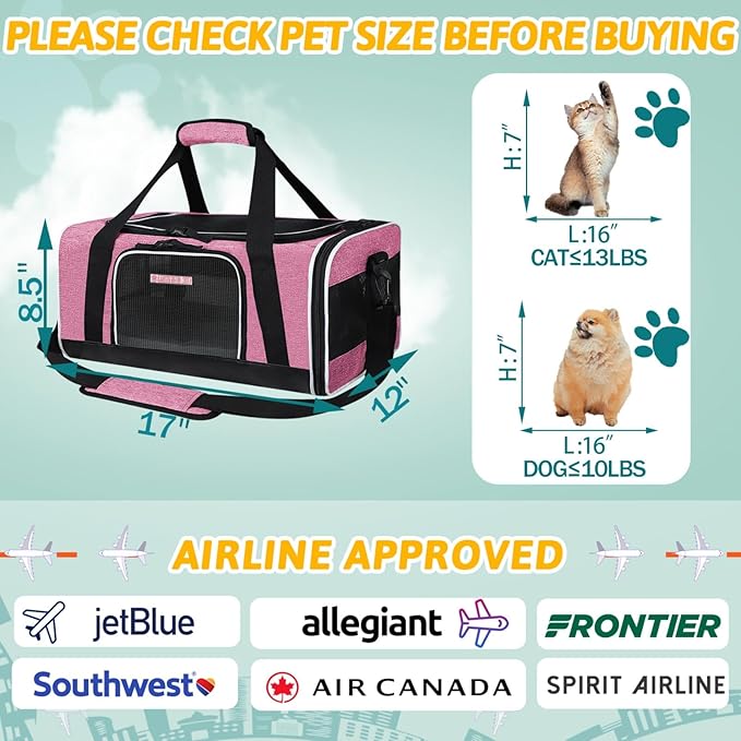 Petskd Pet Carrier 17x12x8.5 JetBlue Allegiant Airline Approved,Pet Travel Carrier Bag for Small Cats and Dogs, Soft Dog Carrier for 1-13 LBS Pets,Dog Cat Carrier with Safety Lock Zipper(Pink)