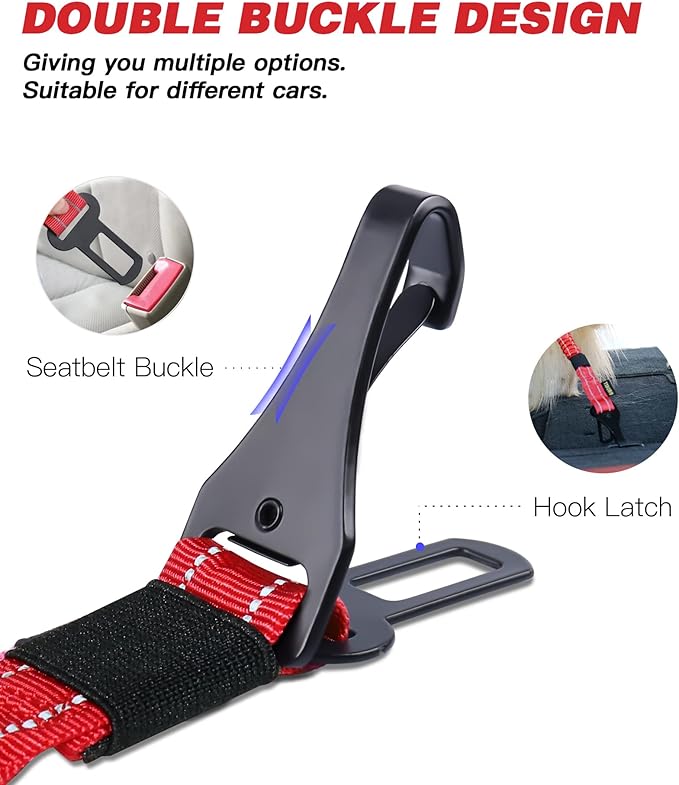 AUBELL Dog Seat Belt, Updated 3-in-1 Pet Car Seat Belt for Dogs, Bungee Dog Car Tether with Clip Hook Latch & Buckle, Heavy Duty Dog Car Harness with Swivel Aluminum Carabiner,Red