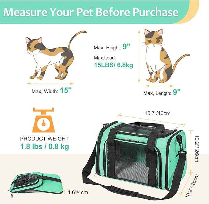 Cat Dog Carrier Up to 15 Lbs TSA Airline Approved Pet Carrier for Small Medium Cats Puppies Dog Carriers for Small Dogs Collapsible Soft Sided Cat Travel Carrier - Green 15.7"x10.2"x10.2"