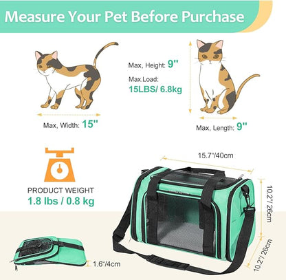 Cat Dog Carrier Up to 15 Lbs TSA Airline Approved Pet Carrier for Small Medium Cats Puppies Dog Carriers for Small Dogs Collapsible Soft Sided Cat Travel Carrier - Green 15.7"x10.2"x10.2"