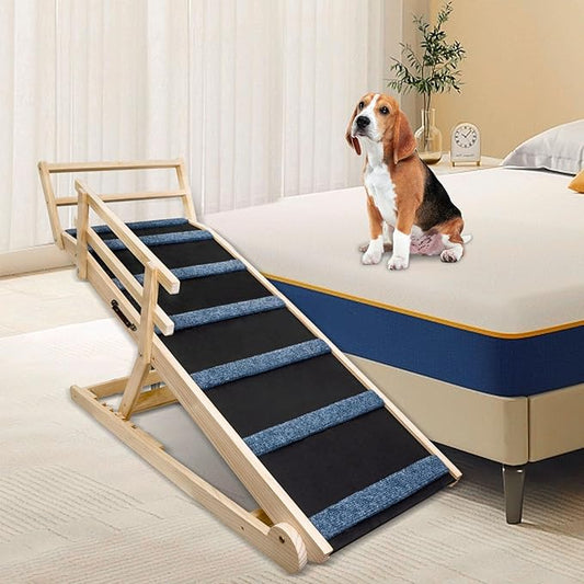 Wooden Dog Ramp for Bed - 5 Level Adjustable Wooden Ramp for Dog Extra Wide Doulbe Anti-Slip Dog Ramp for High Bed 17.7 Inches in Width