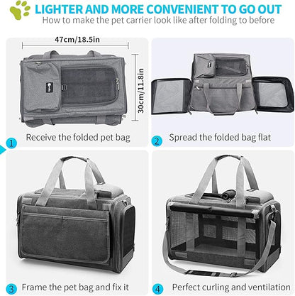 Cat Carrier Large Pet Carrier for 2 Cat, 18.5"x11.8"x11.8" Cat Bag for Midium Large Cats Airline Approved Dog Carrier for Small Dogs, Cat Travel Carrier Foldable 5-Windows Breathable Mesh Design