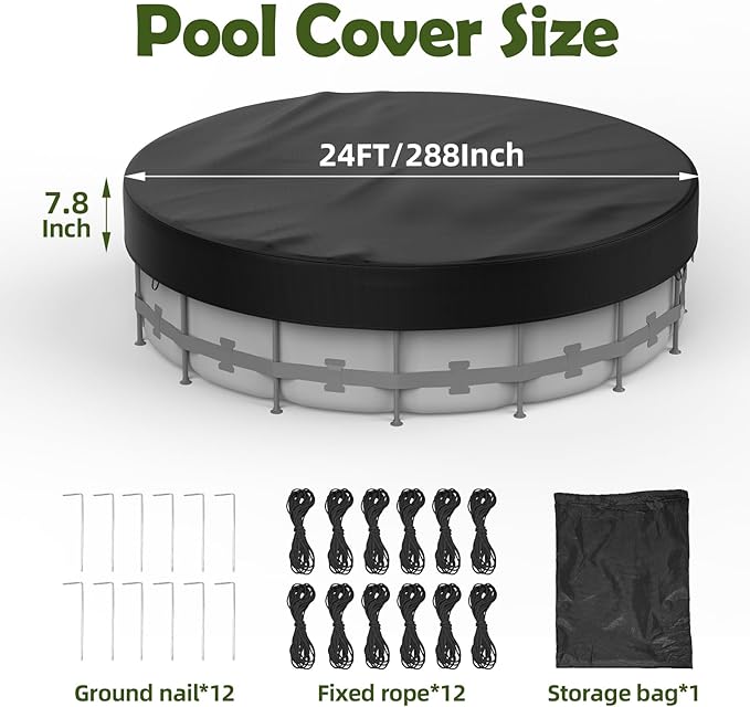 24FT Round Pool Cover Pool Covers for Above Ground Pools 210D Solar Pool Cover Heavy Duty Pool Covers Resist Tear and Fade