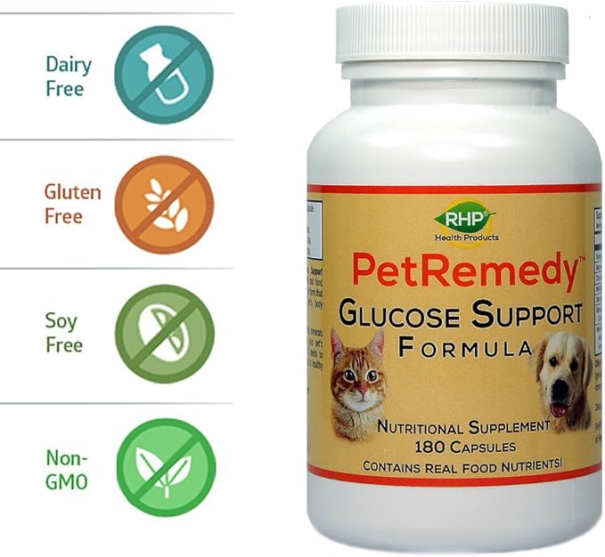 PetRemedy Pet Blood Sugar Support. Natural Supplement maintains Healthy Glucose Levels in Diabetic Cats and Dogs. (180 Capsules 90 Days