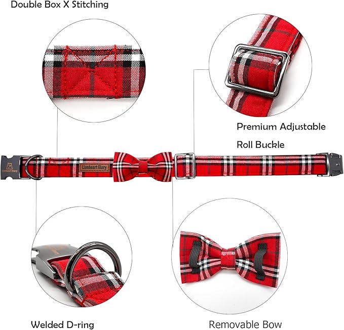 Lionheart glory Christmas Plaid Dog Collar, Red Dog Bow Collar Adjustable Soft and Comfortable Bowtie Collars for Small Dogs Girl or Boy Pet Gift Fall Collar Dog Bow