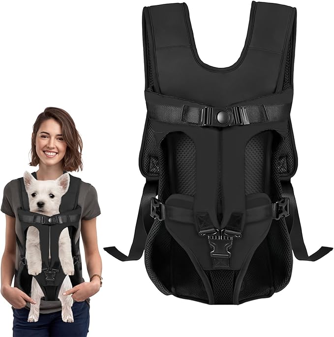 Dog Front Carrier Backpack, Dog Backpack Carrier Soft Pad, Pet Legs Out, Easy-Fit Dog Front Carrier for Small Medium Puppy, Hands Free Dog Carrier Adjustable for Cycling Hiking (Black, S)