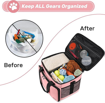 6 Set Dog Travel Bag, Large Pet Travel Kit for Supplies, Includes 2 Food Containers, 1 Travel Organizer for Dogs, 2 Collapsible Bowls, 1 Treat Pouch, Pink Dog Mom Gifts for Women