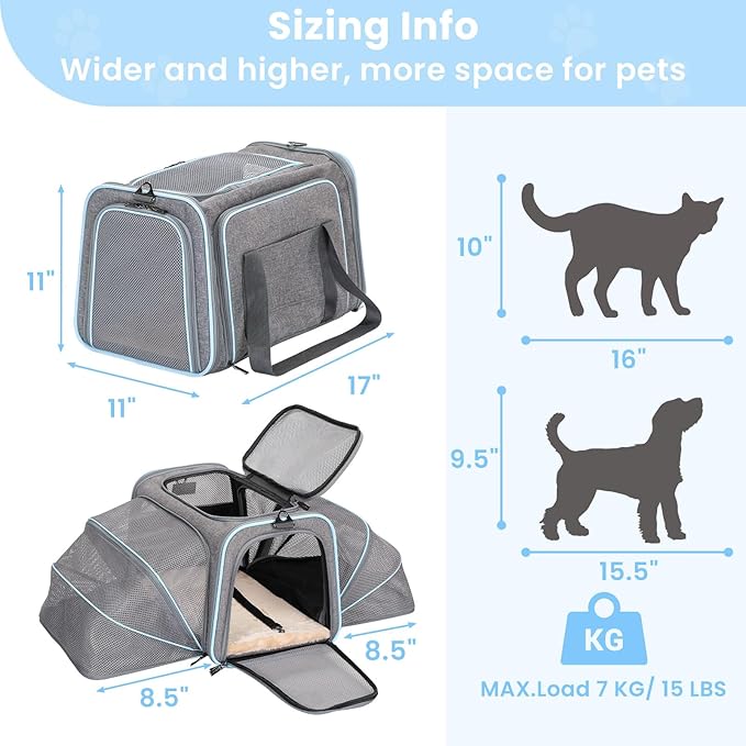 Petsfit Expandable Large Cat Carrier Small Dog Carriers Airline Approved, 17" Lx 11" Wx 11" H Soft-Sided Portable Washable Pet Travel Carrier with 2 Extension for Kittens, Puppies, Rabbits