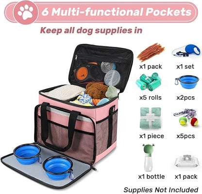 6 Set Dog Travel Bag, Large Pet Travel Kit for Supplies, Includes 2 Food Containers, 1 Travel Organizer for Dogs, 2 Collapsible Bowls, 1 Treat Pouch, Pink Dog Mom Gifts for Women